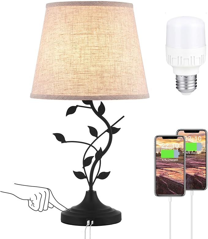 Kakanuo USB Touch Table Lamp Bedside Lamp with USB C Charging Ports for Living Room, Beige 3 Way Dimmable Traditional Nightstand Lamp Retro Table Lamp for Bedroom and Office (LED Bulb Included)