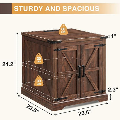 Barnyatoh Farmhouse End Table with Charging Station,Large Side Table with Barn Door, Rustic Wood Square Nightstand Bedside Table with Adjustable Storage Shelf for Living Room, Bedroom,Walnut 2-Pack