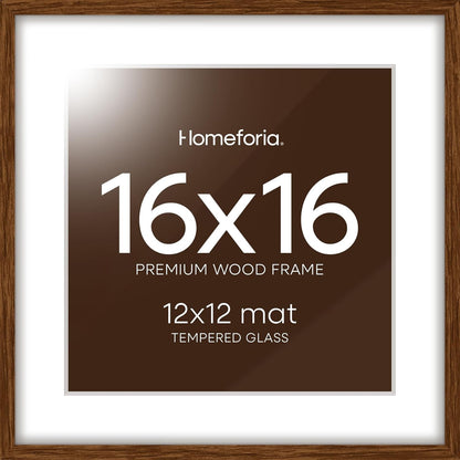 Homeforia 16x16 Brown Picture Frame, High End Dark Oak 16 x 16 Square Wood Frame with Mat 12 x 12 for Photo, 16by16 Wooden Walnut Poster Frame Matted to 12x12 Print, Tempered Glass, Wall Kit, Set of 1