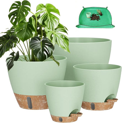 Plant Pots, 12" 10" 6" 8" Inch Self Watering Pots with Water Level Indicator, Set of 5 Flower Pots Indoor with Drainage Holes, Modern Planters for Indoor Outdoor Plants, Room & Office Décor