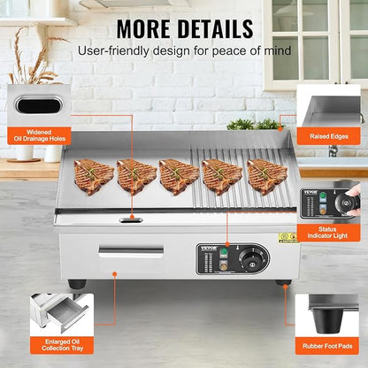 VEVOR Commercial Electric Griddle, 1600W Countertop Half-Flat Top Grill