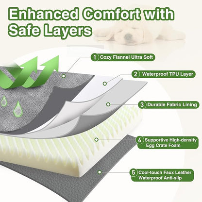 Waterproof XL Dog Beds Large Sized Dog, Outdoor Washable Foam Crate Pad 42" | Extra Large Orthopedic Pet Bed, Durable Removable Cover, Reversible Faux Leather & Flannel, Anti-Sli Kennel Pad 41"x27" Gray
