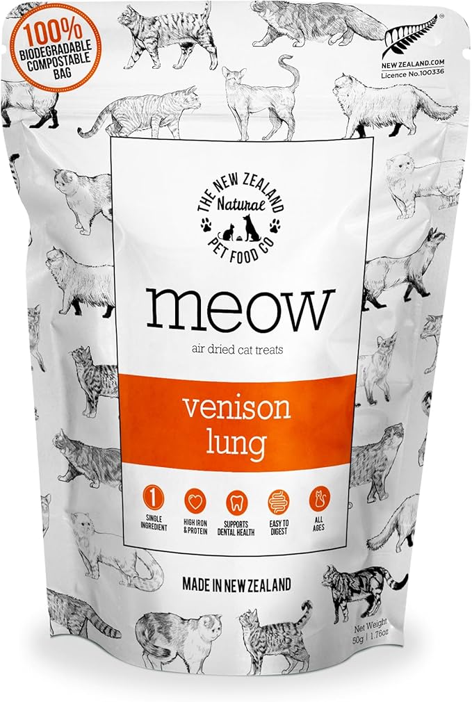 The New Zealand Natural Pet Food Co Meow Air Dried Cat Treats - Venison Lung, High Protein, Healthy Cat Snacks and Toppers, All Natural for All Life Stages, 1.76 oz