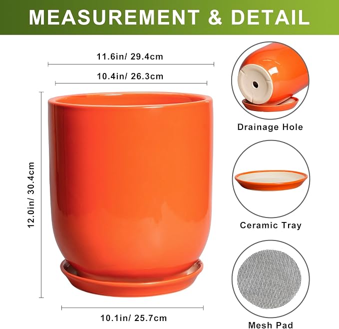 12 Inch Pots for Plants - Ceramic Planter with Drainage Hole and Saucer, Decorative Round Large Plant Pot for Indoor Outdoor Plants, Plant Lover Gifts, Home Office Garden Decor, Orange