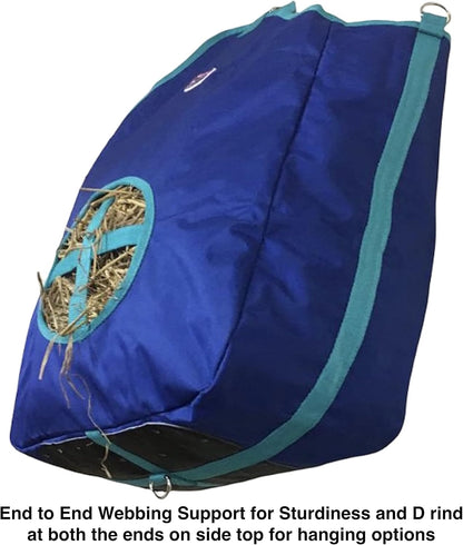 Majestic Ally Nylon Hay Feeder Tote Bag for Horse, Goat, Sheep - Double Sides Open Feed Hole with Faux Leather Ventilated Bottom- Premium Quality -Simulates Grazing - Reduces Waste (Royal Blue)