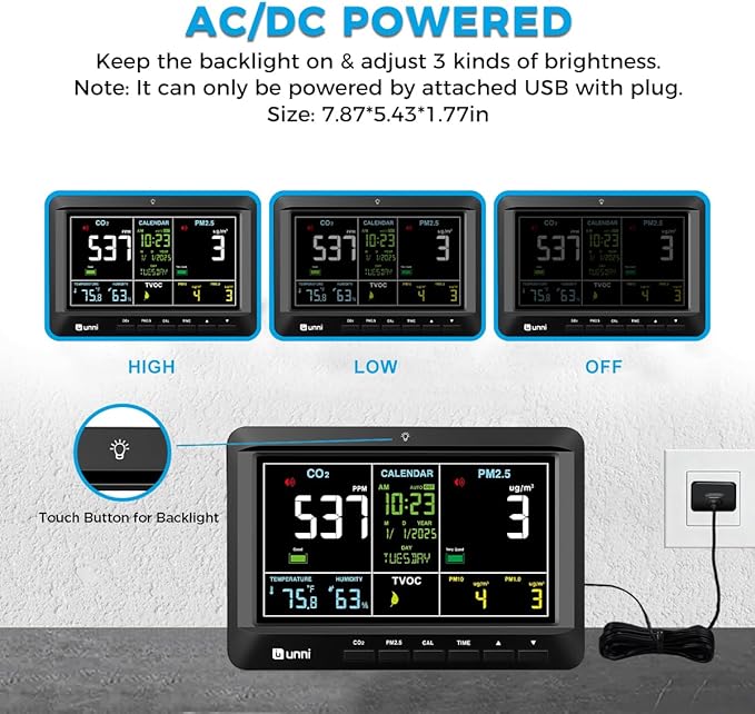 Air Quality Monitor Indoor 7" Display + Alerts, CO2 Monitor PM2.5 PM1.0 PM10