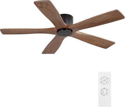 WINGBO 48" Flush Mount DC Ceiling Fans without Lights, 5 Carved Solid Wood