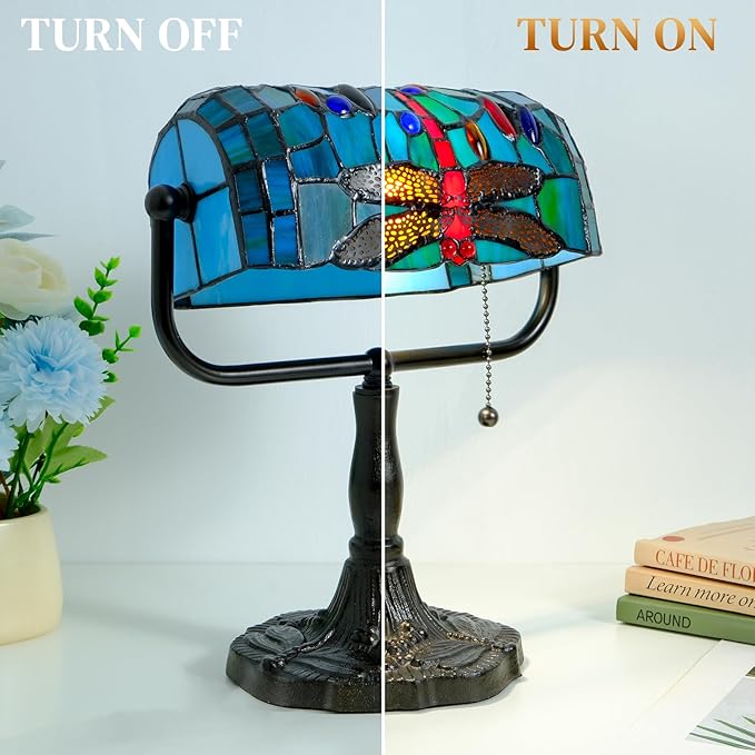 Vintage Tiffany Style Bankers Lamp - Stained Glass Desk Lamp with Pull Chain, Dragonfly Design Table or Desks Light LED Bulb Included, Bankers Desk Lamps for Office Living Room Study Room