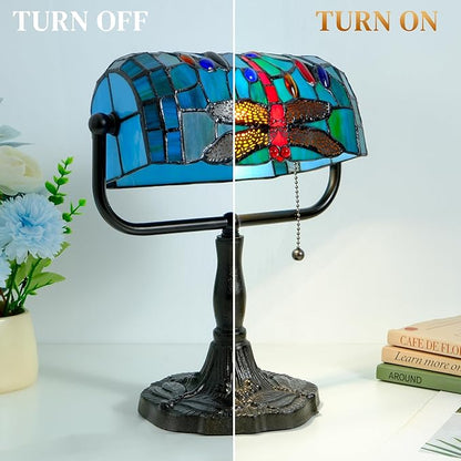 Vintage Tiffany Style Bankers Lamp - Stained Glass Desk Lamp with Pull Chain, Dragonfly Design Table or Desks Light LED Bulb Included, Bankers Desk Lamps for Office Living Room Study Room
