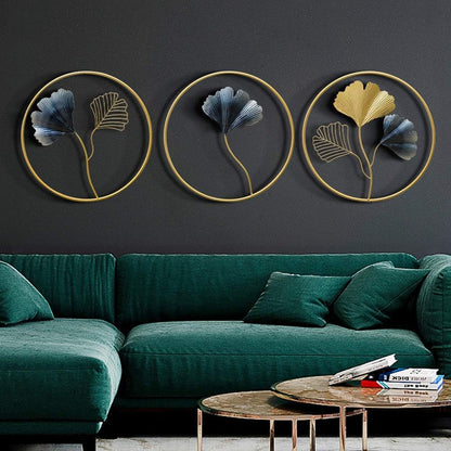 MKUN Iron Wall Sculptures - Set of 3 Metal Round Wall Decor with Gingko Biloba Art Great for Home Hotel Decoration(Gold&Gray)