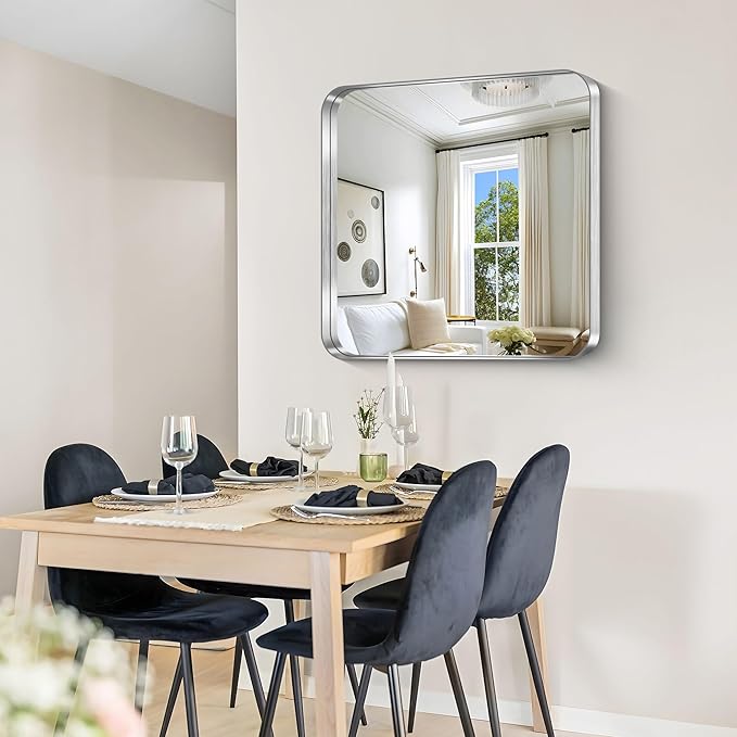 CIRCUMI Silver Bathroom Mirror, Rounded Corner, Tempered Glass, Square Mirror