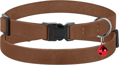 Breakaway Cat Collar Leather with Removable Bell - 13 Colors Available - Soft Adjustable Girl Boy Safety Lightweight Pet Kitten Collars Pink Brown Blue Green Red Orange Black (Cognac)