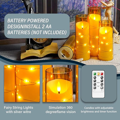 Flameless Candles with Embedded Star String, Battery Operated LED Pillar