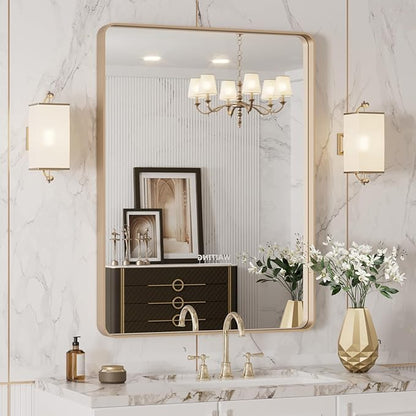 LOAAO 20”X30” Gold Bathroom Mirror, Rounded Rectangle Gold Frame Mirror
