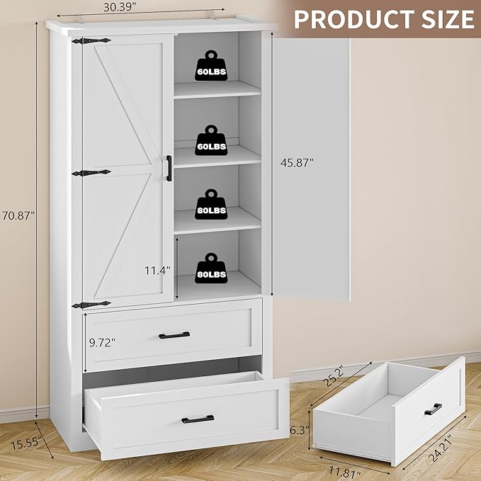 Pantry Organizers and Storage Cabinet, 71” Barn Door White Kitchen Cabinet