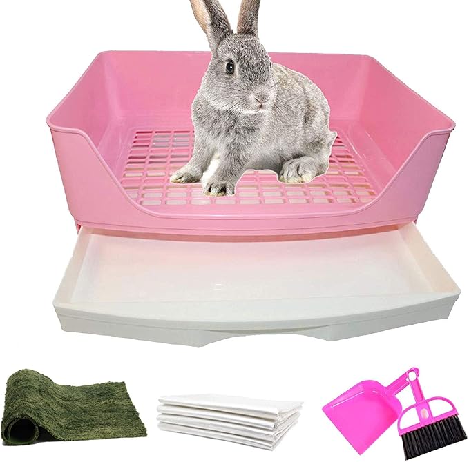 PINVNBY Large Rabbit Litter Box Corner Toilet Box Bigger Pan Pet Potty Trainer with Drawer for Adult Bunny Guinea Pig Chinchilla Ferret Galesaur Hedgehog Small Animals(Pink)