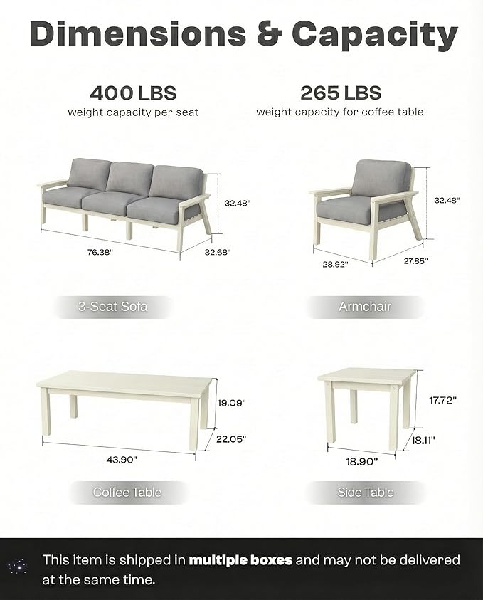 Patio Kingdom 7 Piece Patio Furniture Set, HDPE Outdoor Sectional with Gray Washable Thick Cushions, Coffee Table & Side Table, Patio Conversation Sets for Lawn, Garden, Porch, Balcony (White Frame)