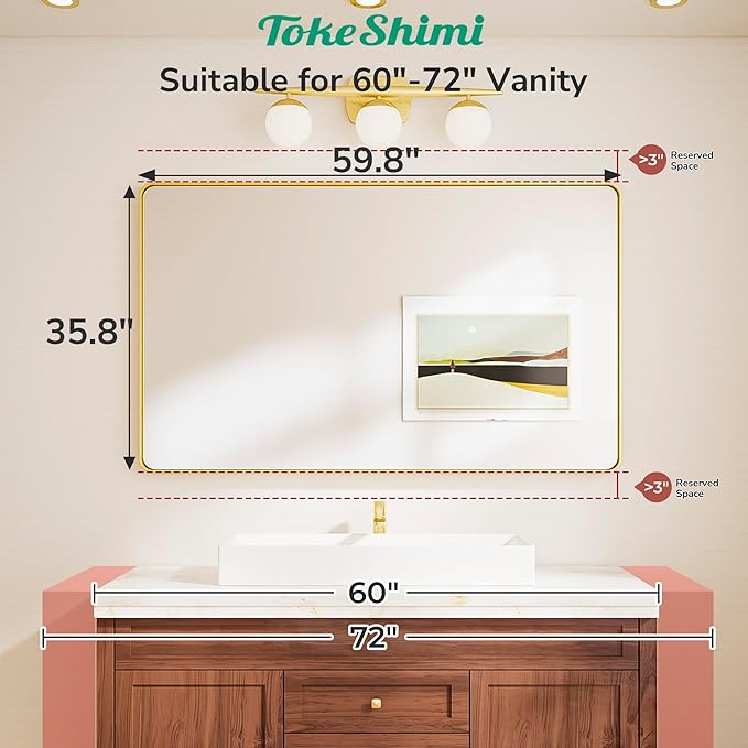TokeShimi Black Vanity Mirror 60x36, Bathroom Mirror Framed Seamless, Tempered