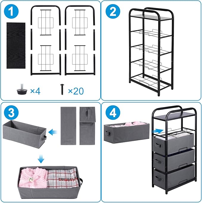 MAX Houser 4 Drawer Narrow Dresser Fabric Storage Tower Vertical Slim Storage