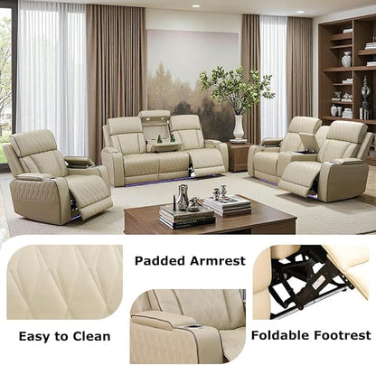 Toseslo Leather Reclining Sofa Set, Power Recliner Sofa Sectional Couches with Drop-Down Table, Living Room Furniture, Reclining Sofa with Cup Holders/Storage Console for House(Beige)