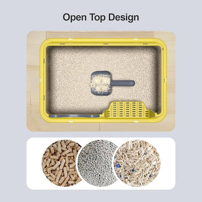 Stainless Steel Cat Litter Box, Open Top High-Sided Metal Litter Box with Scoop, Extra Large Litter Boxes for Kitty Kitten and Big Cats, Anti-Urine Leakage, Non-Sticky, Easy to Clean (Yellow)