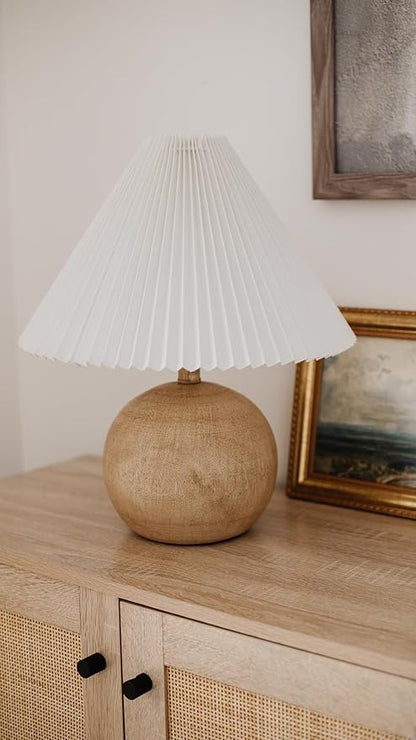 JONATHAN Y JYL1145B Aksel 17.25" Coastal Scandinavian Resin/Iron Sphere LED Table Lamp with Pleated Shade and Pull Chain, Beige Wood Finish/White, for Entry Console, Bedroom, Living Room