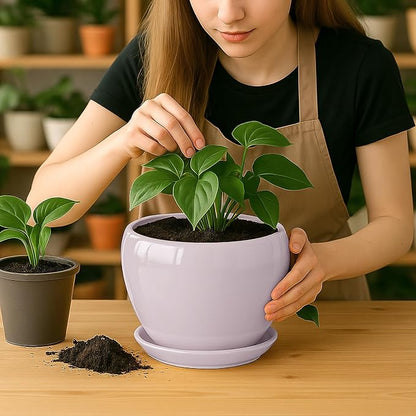 Deep Dream 8 Inch Plant Pots- Ceramic Pots for Plants with Drainage Hole and Saucer, Large Planter Pot for Indoor Plants Outdoor Decor, Pink