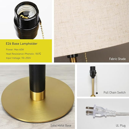 18.9" Set of 2 Small Vintage Table Lamp Bedside Lamps for Bedroom Nightstand Lamp for Living Room 3-Color Temperatures Pull Chain Wood Fabric for Home Office Dorm Decor (Light Brown+Brass)