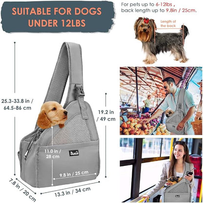 SlowTon Dog Sling Carrier, Hands Free Hard Bottom for Small Dogs up to 11lb | Breathable Mesh Support, Adjustable Padded Strap, with Pocket Safety Belt, Machine Washable, for Small Animal Puppy, Grey