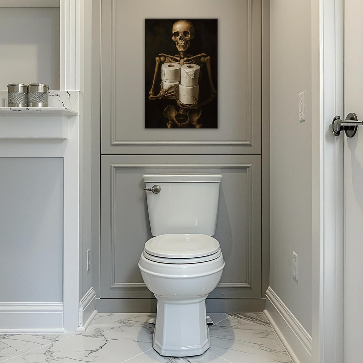 Gothic Skull Wall Art Funny Skeleton with Toilet Paper Canvas Print Vintage Skull Painting Framed Artwork for Living Room Home Halloween Wall Decor(Artwork-8,28"x42")
