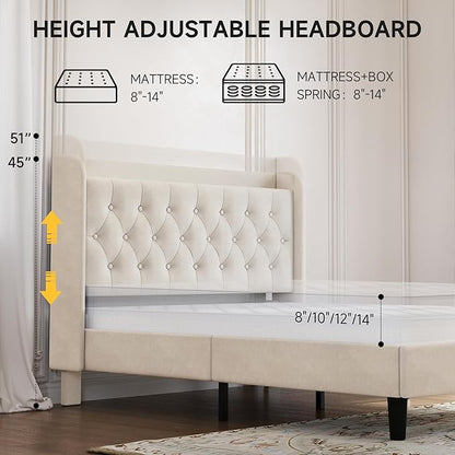 koorlian Queen Bed Frame with Headboard, Adjustable Velvet Upholstered Bed Frame with Type-C&USB Ports, Wingback Storage Headboard, Solid Wood Slats Support, No Box Spring Needed, Noiseless, Beige