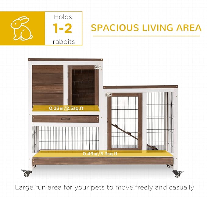 PawHut Wooden Rabbit Hutch Elevated Bunny Cage Indoor Small Animal Habitat with Enclosed Run with Wheels, Ramp, Removable Tray Ideal for Guinea Pigs, Brown