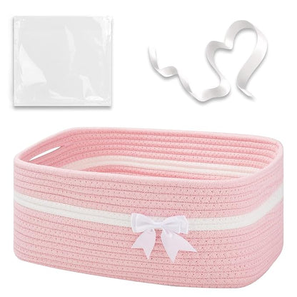 OIAHOMY Large Woven Storage Basket with Handles for Nursery Living Room Shelves, Bow Basket for Gifts Empty with Gift Bags and Ribbons for Baby Showers Pet Toy Bin - Pink