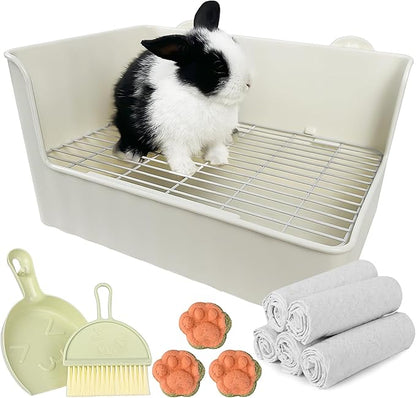 Large Rabbit Litter Box Bunny Potty Training Corner Litter Pan Comes with Liners Rabbit Pee Pads, Small Animal Bedding Toilet for Guinea Pig, Ferret, Hamster, Bunnies (White)