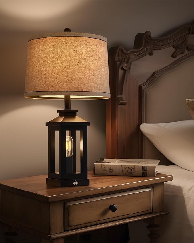 23.75" Retro Farmhouse Black Table Lamp for Living Room Bedroom Nightstand Single Pack Touch Control Bedside Nightlight Vintage Modern Lamp with USB C+A Ports and 2 Light Sources
