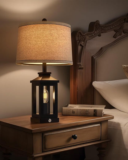 23.75" Retro Farmhouse Black Table Lamp for Living Room Bedroom Nightstand Single Pack Touch Control Bedside Nightlight Vintage Modern Lamp with USB C+A Ports and 2 Light Sources
