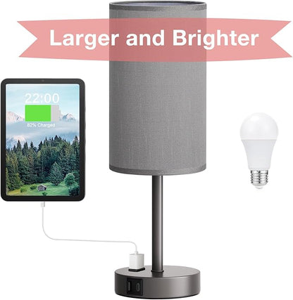 Fenmzee Grey Nightstand Bedroom Lamp - 3 Way Dimmable Bedside Lamp USB C A Charging Ports and AC Outlet, Small Table Lamp Linen Lampshade for Office Desk