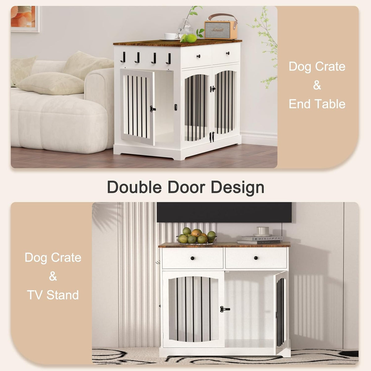 BREEZEHEAT 40 inch Dog Crate Furniture-Farmhouse Dog Kennel with Drawers-End Table Wooden Pet Crate, Double Door Design, Decorative Dog House Indoor for Small Medium Large Dog, White