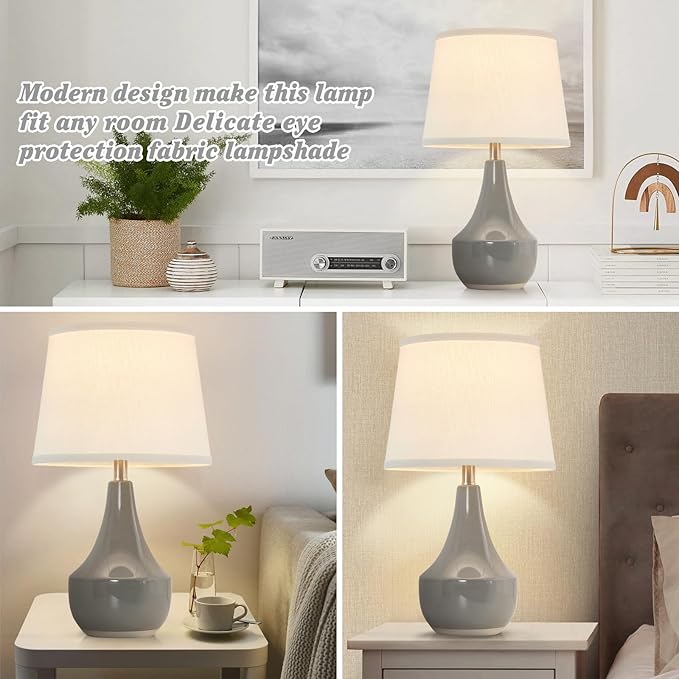 GyroVu Table Lamp Set of 2, 18.63” Ceramic Table Lamp Classic Beside Lamps Nightstand Lamp Modern Lamp for Living Room, Bedroom & Office Rocker Swtich Grey-LED Bulbs Included
