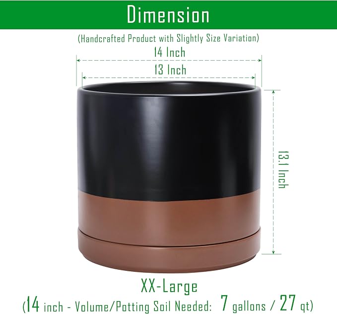 D'vine Dev 14 Inch Ceramic Planter Pot with Drainage Hole and Saucer, Indoor Cylinder Round Planter Pot, Black/Speckled Tan, 94-O-G-7