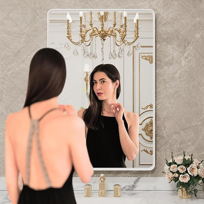LOAAO 32x36 Inch White Metal Framed Bathroom Mirror