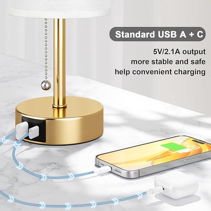 Gold Bedside Lamp for Bedroom Nightstand - Small Table Lamp with USB A + C Charging Port, 3 Color Temperatures Pull Chain Night Stand Light, Side Table Desk Reading Lamp for Living Room/Dorm Room