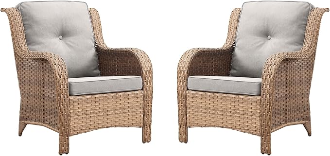 Rilyson Patio Furniture Chairs Outdoor Chair - 2 Piece Wicker Rattan Chairs Set with High Back and Deep Seating for Deck Porch Balcony Backyard Garden(Yellow/Beige)