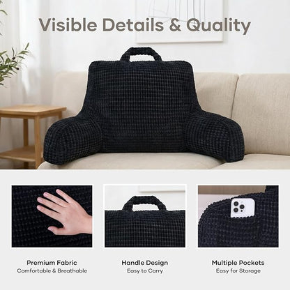 NOONTIDE Reading Pillow L-Size with Top Handle, Uniquely Designed Soft Fabric, Ergonomic Back Support for Bed, Couch & Reading, Comes with a Bag of Filling for Adjustable Firmness (Black)
