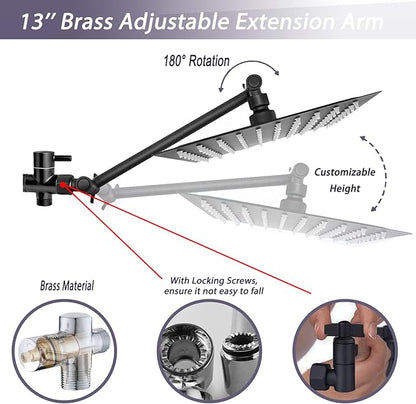 10" High Pressure Square Rainfall Shower Head and 2-in-1 Hand Shower, Rainfall