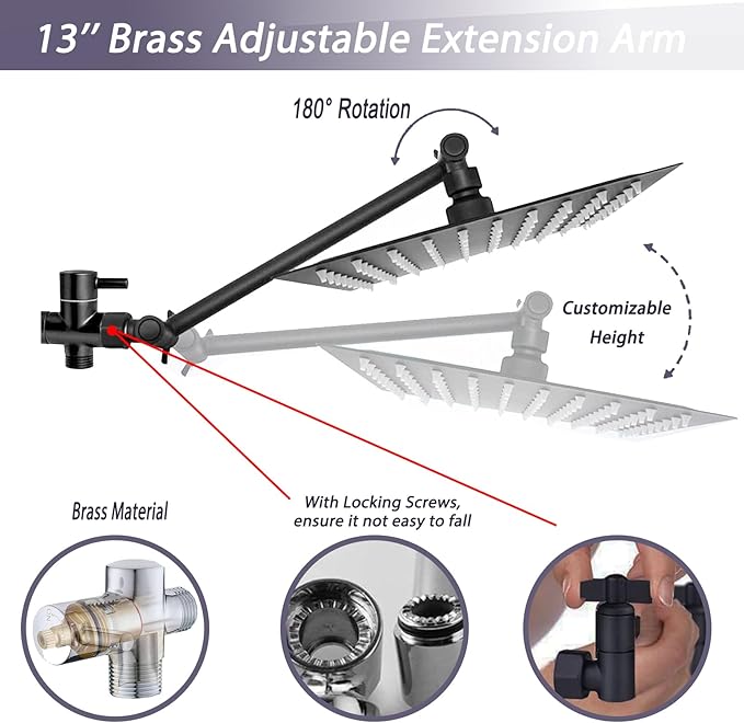 12" High Pressure Square Rain Shower Head and 2-in-1 Hand Shower, Rainfall