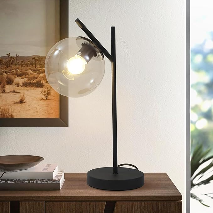 Mid Century Table Lamp Vintage Bedroom Desk Lamp Black Nightstand Lamp Contemporary Clear Glass Globe Bedside Lamp for Office Study Room