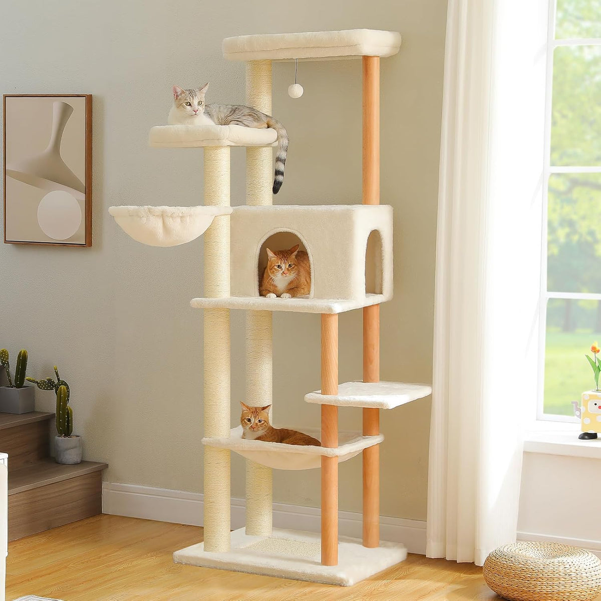 PAWZ Road Large Cat Tree, 73 Inches Tall Wooden Cat Tower with 2 Spacious Hammocks,2 Big Top Beds,8 Fully Scratching Posts and Natural Wood Posts, Multi Cat Tree for Indoor Cats Large Adult-XL