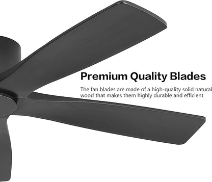 WINGBO 48" Flush Mount DC Ceiling Fans Without Lights, 5 Carved Solid Wood