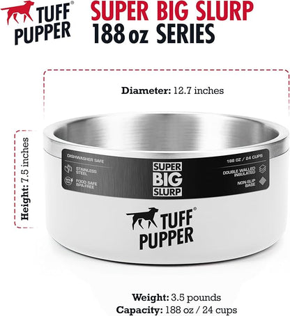 Tuff Pupper Heavy Duty Insulated Dog Bowl | Double Wall Stainless Steel Dog Food Dish | Non-Slip Spill Proof Dishwasher Safe Cat Bowl | Water Dish for Feeding Large Medium Small Pets (188oz, White)